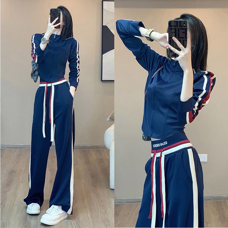 SETIM MỚI và Mùa đông Set New Semi -High -Kecked Zipper Fashion Plus Velvet Sweater Cao -end Wide -leg Pants hai bộ