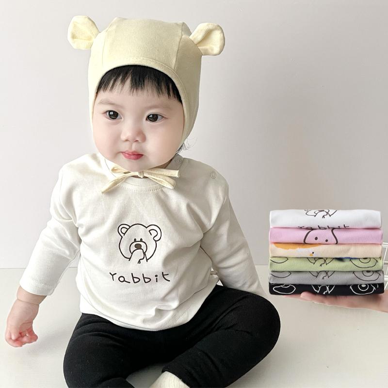 Mùa xuân và mùa thu Quần lót cotton cho bé Áo dài tay hoạt hình có nút vai cho bé trai và bé gái Phong cách Hàn Quốc cổ tròn đa năng