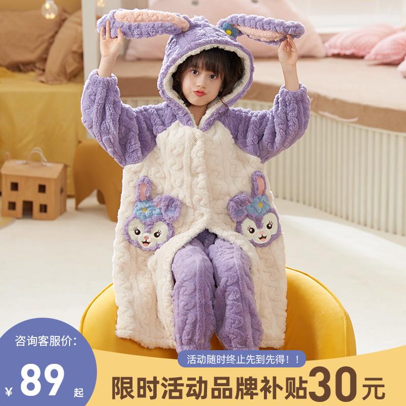 Nữ pyjamas có hương vị cho trẻ em mùa thu và mùa đông cộng với nhung dày san hô cô gái trung bình Phiên bản dài 2022 Bộ đồ quần áo gia đình