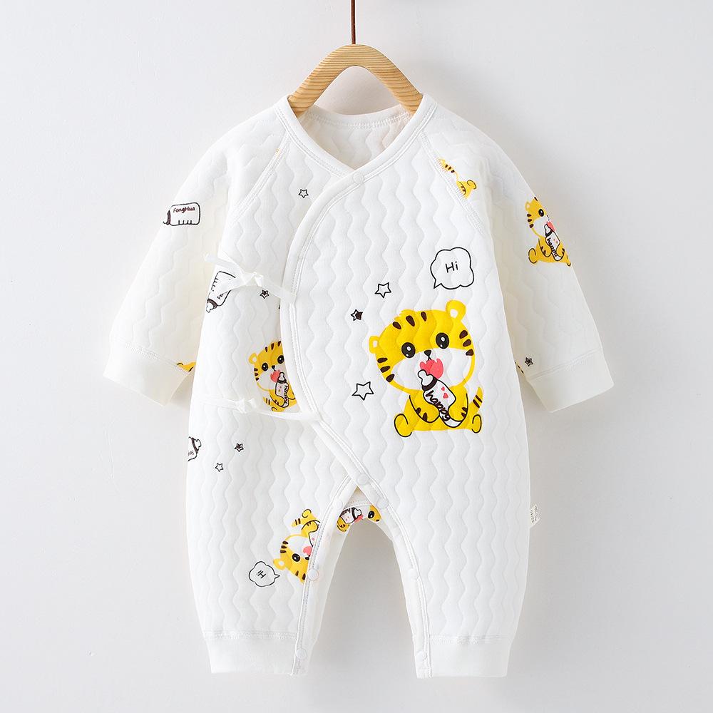 Mùa Thu Đông Quần Áo Sơ Sinh 3 Lớp Ấm Áp Cho Bé Jumpsuit Kẹp Cotton Lụa Tiger Áo Liền Quần Không Xương Bộ Đồ Ngủ