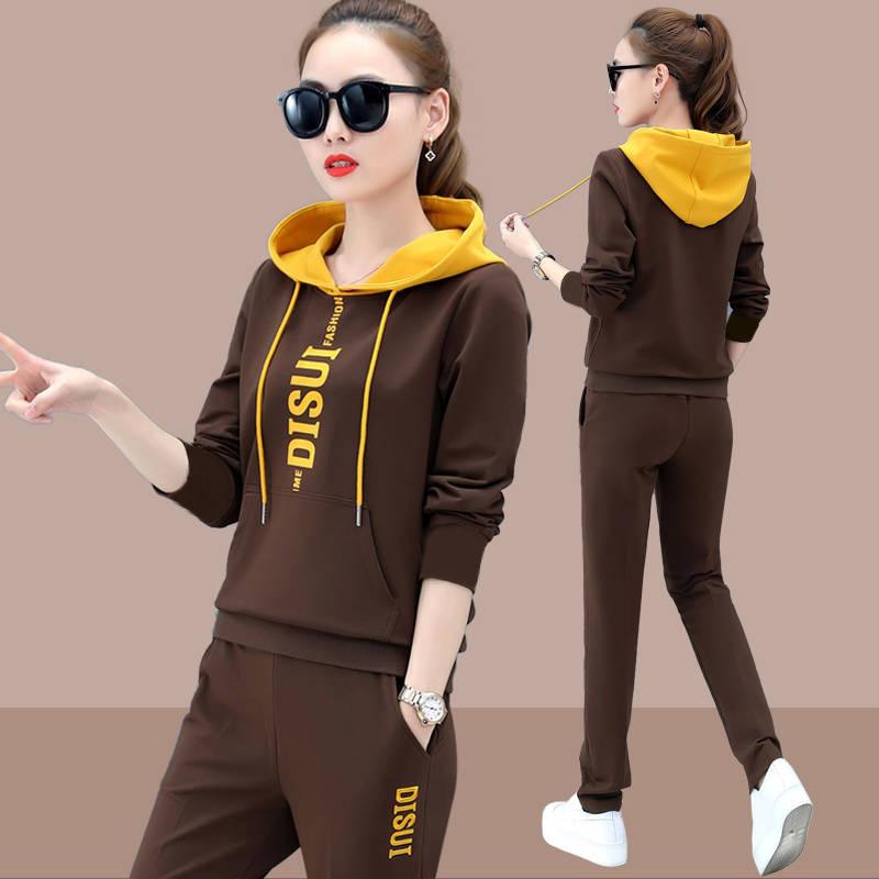 2022 Mùa thu và mùa đông Bộ đồ thể thao mới Bộ đồ nữ kích thước lớn In Jersey Hooded Casual Hooded Running Two -Chuỗi nữ