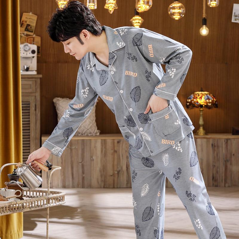 Pyjamas nam mùa xuân và mùa thu cotton cotton dài tay lỏng lẻo nhỏ kích thước nhỏ tất cả -cotton nam mùa thu và mùa đông mùa hè