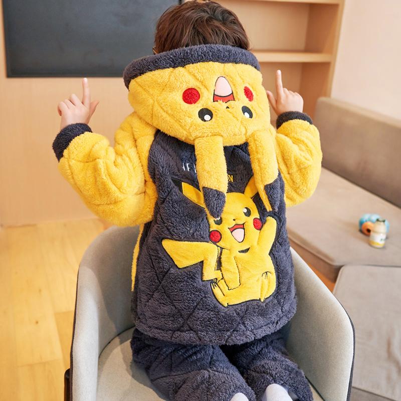 Bộ Đồ Ngủ Bé Trai Mùa Đông Pikachu Dép Nỉ Trẻ Em Nhung San Hô 3 Lớp Dày Mền Chần Gòn Ấm Nhà Bộ Quần Áo