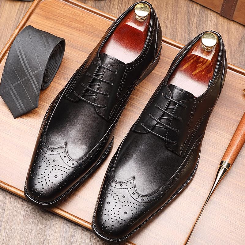 Goodyear Handmade Brogue Giày Da Nam Công Sở Da Derby Giày Anh Đầu Phẳng Khắc Giày Nam