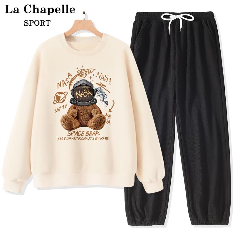 La Chapelle cổ tròn cotton dày T phù hợp với phụ nữ mùa xuân và mùa thu 2023 mới bộ đồ thể thao thông thường quần dài nữ của phụ nữ X