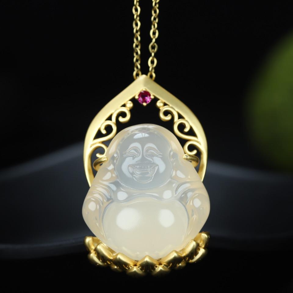 Ali Đấu Giá 18K Phương Pháp Cổ Đại Cát Vàng Dát Đá Chalcedony Phật Cười Mặt Dây Chuyền Ngọc Phật Di Lặc Dây Chuyền Xương Đòn Mặt Dây Chuyền Có Giấy Chứng Nhận