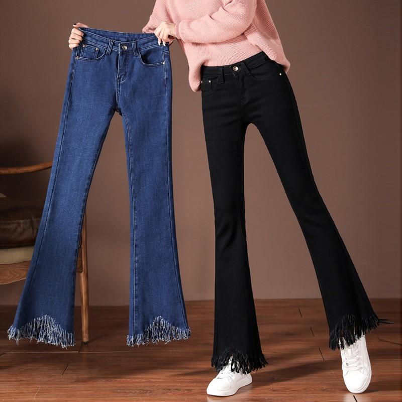 Quần jeans đen bootcut nữ mùa hè mỏng, cạp cao, co giãn đa năng, quần chín điểm slim mới