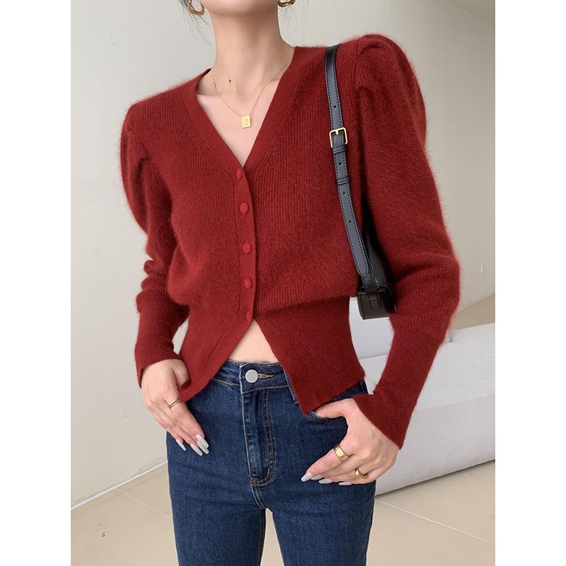 JWUNIQUE Đỏ Dệt Kim Áo Khoác Cardigan Nữ Thu Đông 2022 Mới Tay Phồng Cổ Tất Cả Trận Áo Len Ngắn