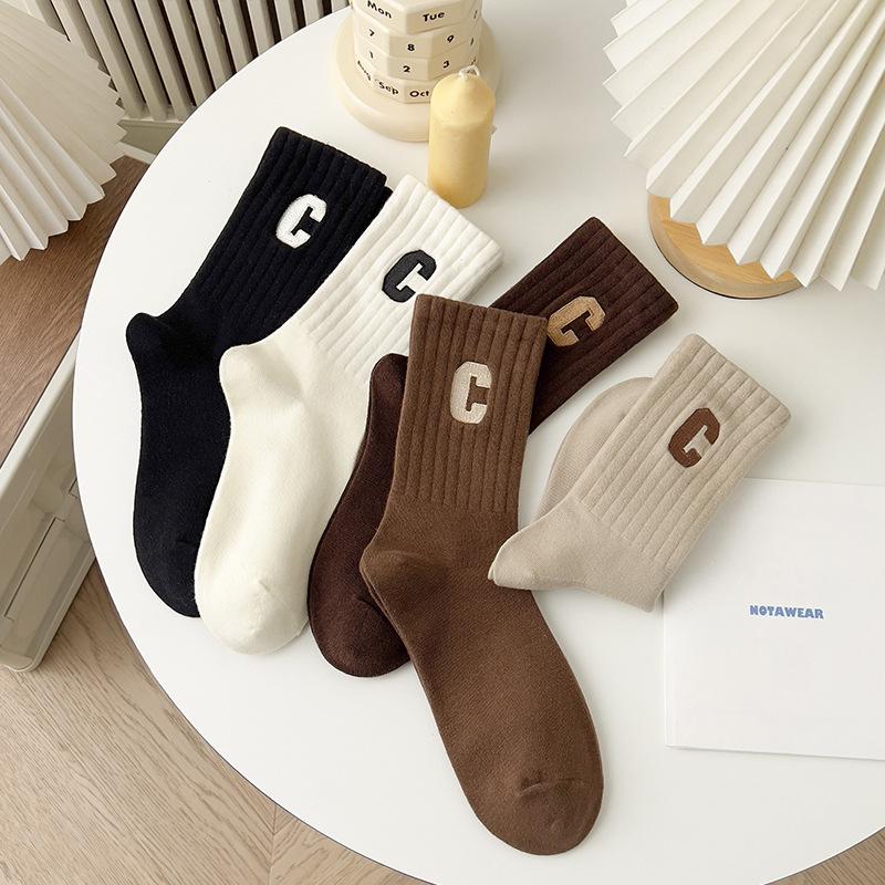 2 Double -File Autumn and Winter Xu hướng thư c Mid -socks Nữ bông nguyên chất Mùa thu và mùa đông thêu Midd