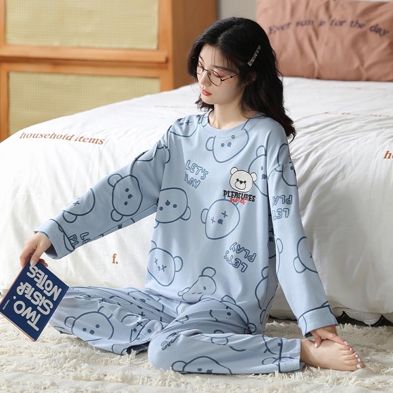 Bộ đồ ngủ bằng cotton nguyên chất cho nữ mùa xuân thu đông dài tay phong cách Hàn Quốc cho chị béo size lớn có thể mặc ngoài nhà cho học sinh Bộ đồ thể thao thông thường