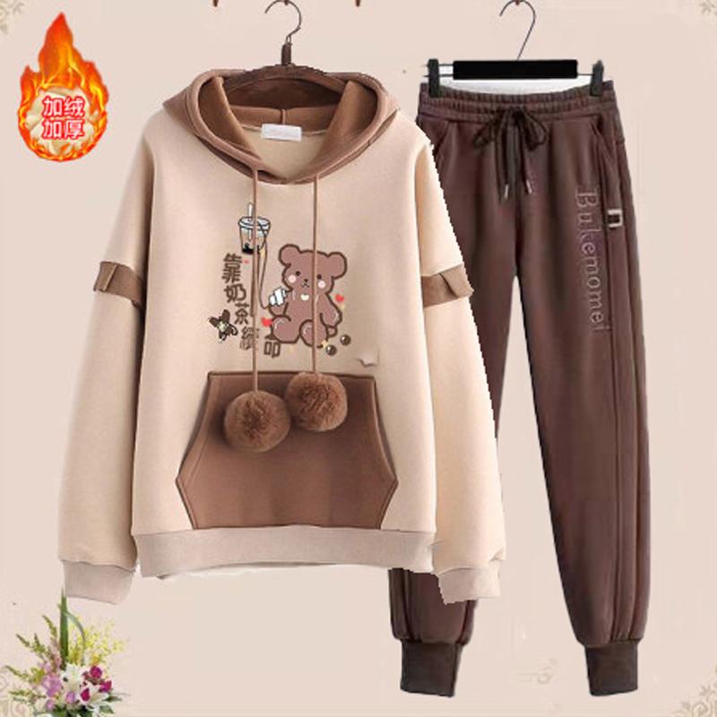 Học sinh trung học cơ sở Autumn and Winter Women Set Set 15-18 tuổi Phong cách học đại học dễ thương Quần Torian Quần Tor-Nữ Plus Velvet dày hai mảnh