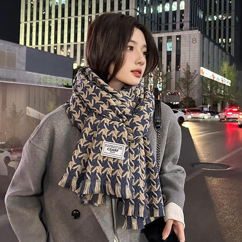 Khăn Houndstooth Nữ Mùa Đông 2022 Phiên Bản Hàn Quốc Mới Tất Cả Trận Giả Cashmere Học Sinh Ấm Áp Khăn Choàng Bé Gái Cảm Giác Cao Cấp