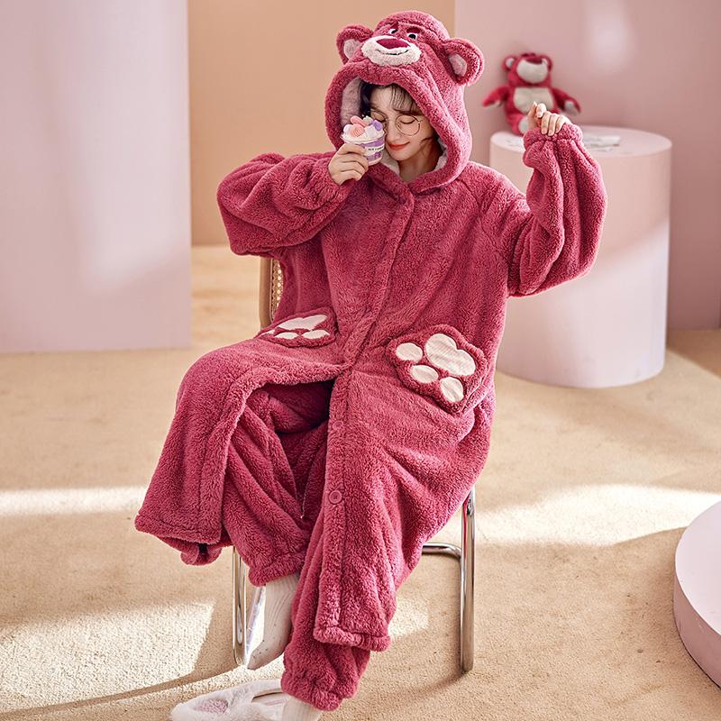 Pyjamas nữ san hô nhung Velvet mùa thu và đồ ngủ mùa đông cộng với nhung dày mùa đông Flael Velvet Strawberry Bear