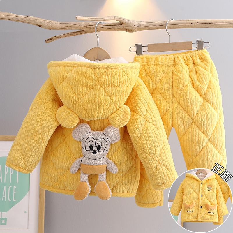 Trẻ Em Bộ Đồ Ngủ Mùa Đông Dày Plus Nhung Plus Cotton Nỉ Hoạt Hình Có Mũ Trùm Đầu Bé Trai Nhà Quần Áo Nỉ San Hô Phù Hợp Với Mùa Đông