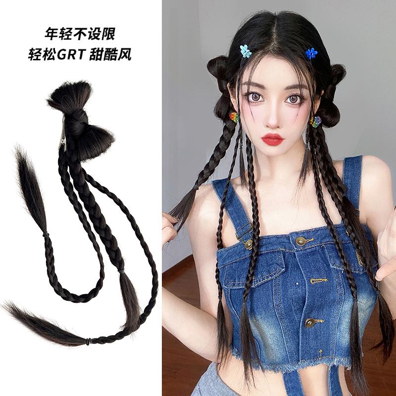 Tóc giả nữ tết đuôi ngựa lưới đỏ thiên niên kỷ hot girl nơ Ju Jingyi cùng phong cách y2k xoắn quyền anh tóc giả bện