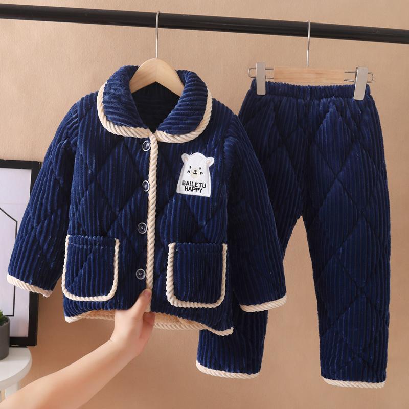 Mùa Đông Bé Trai Nỉ Mặc Bé Trai Homewear Bộ Đồ Ngủ Trẻ Em Bé Gái Ba Lớp Dày Đệm Flannel Phù Hợp Với