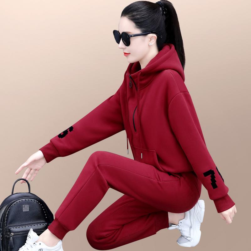 Mùa Đông Plus Trang Bộ Đồ Thể Thao Nữ 2022 Nước Ngoài Mới Phong Cách Rời Dày Hoodie Khoác Chạy 2 Bộ