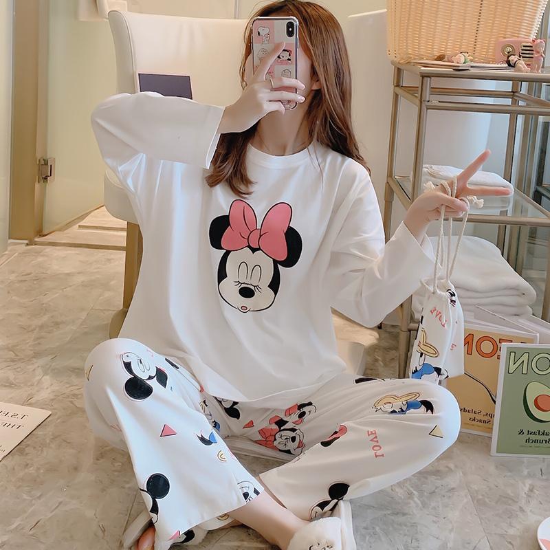 Phiên bản Hàn Quốc của bộ đồ ngủ bằng cotton nguyên chất hoạt hình của phụ nữ thu đông dài tay cỡ lớn có thể mặc bên ngoài quần áo ở nhà xuân hè bộ đồ thường ngày cho chị béo