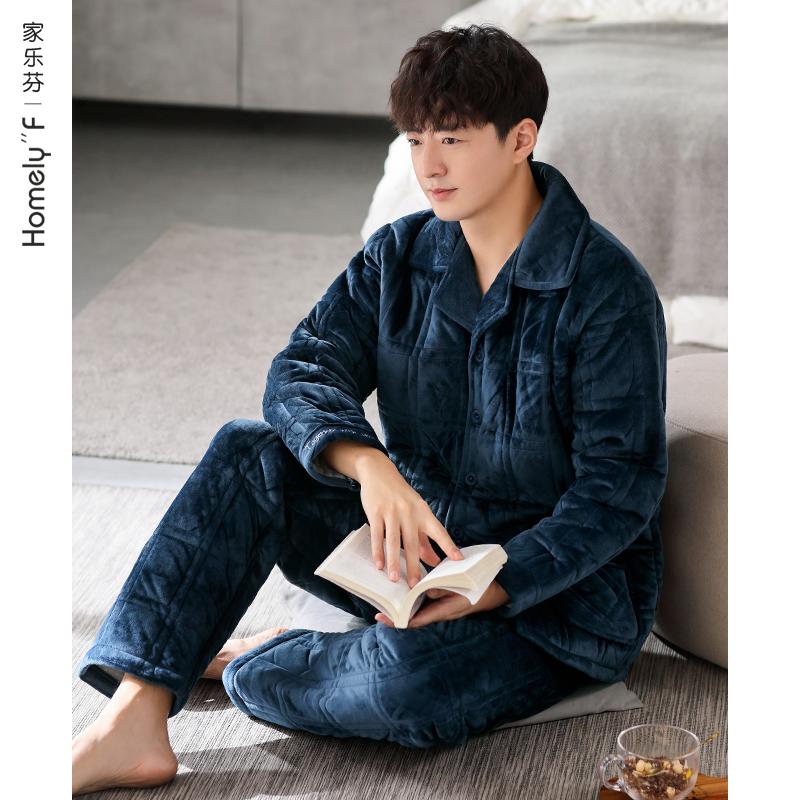 Pyjamas nam mùa đông ba -layer dày lên siêu san hô cotton velvet cộng với velvet flange bích mùa đông mùa thu và mùa đông