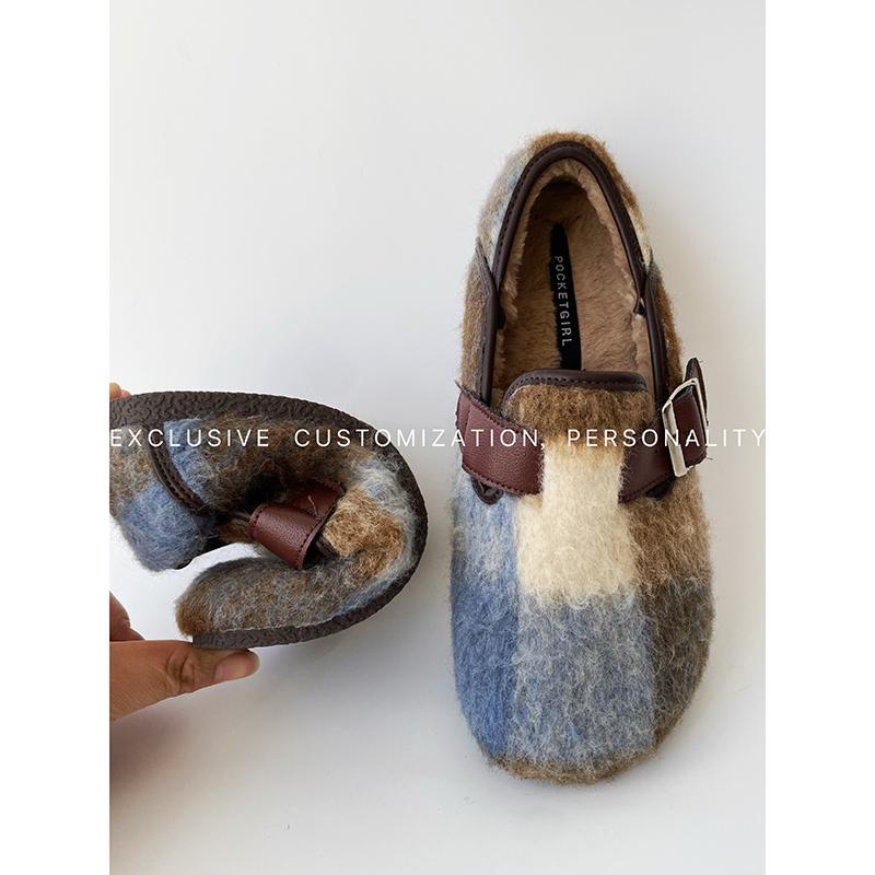 Giày Betken cơ sở mềm mại Betken Winter Winter Hàn Quốc Retro Lazy vượt qua cái đầu lớn xấu xí Mạnh và Velvet Flat Flat Douquets