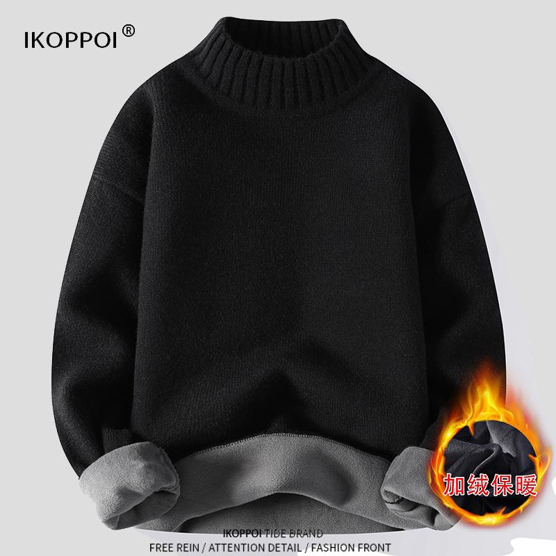 Áo len cashmere nam mùa thu đông cổ rộng nửa cao ấm áp đơn giản cộng với áo sơ mi đáy dệt kim dày nhung