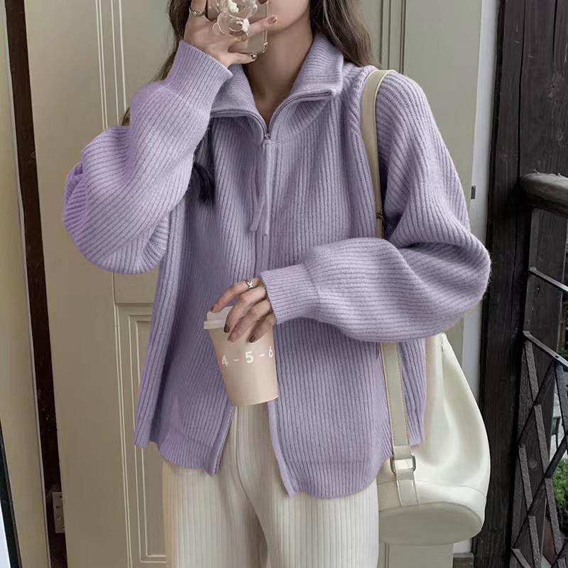 Taro Purple Lapel Cao đôi Máy kéo dây đeo đôi áo len Phụ nữ Mùa thu và mùa đông Lazy Gió dày đứng -up Cổ dệt kim dệt kim