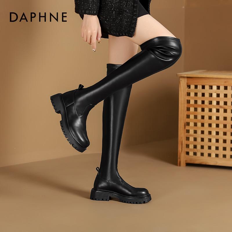 Giày bốt cao quá đầu gối Daphne dành cho nữ 2023 mới mùa thu đông bốt da màu đen bốt cao bốt đi xe đạp đế dày dành cho nữ