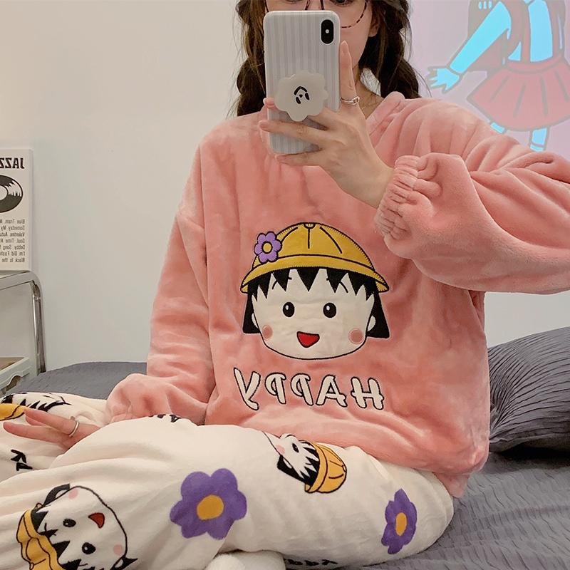 Pyjamas Pyjama Pyjamas Nữ san hô Velvet Long Tay áo dày đặc cộng với mặt bích ấm áp tình yêu Phim hoạt hình dễ thương Bộ phim hoạt hình tại nhà