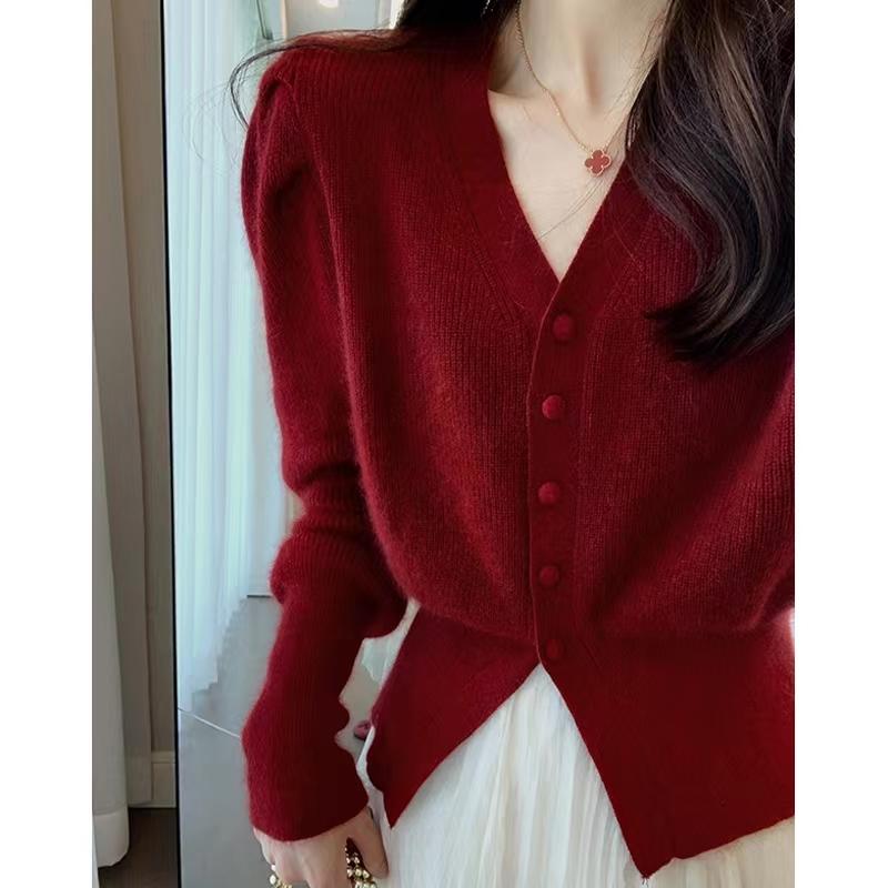 Trung Quốc năm hoàng đạo gấu trúc đỏ nhung cổ chữ V áo khoác cardigan nữ mùa thu đông dày chất lượng cao eo sáp mềm hàng đầu