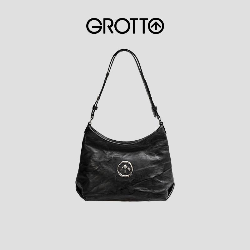 GROTTO là một viên đá đen không giới tính Hobo rau nhỏ rám nắng bằng da cừu nhăn nheo phù hợp với túi Messenger mềm một vai