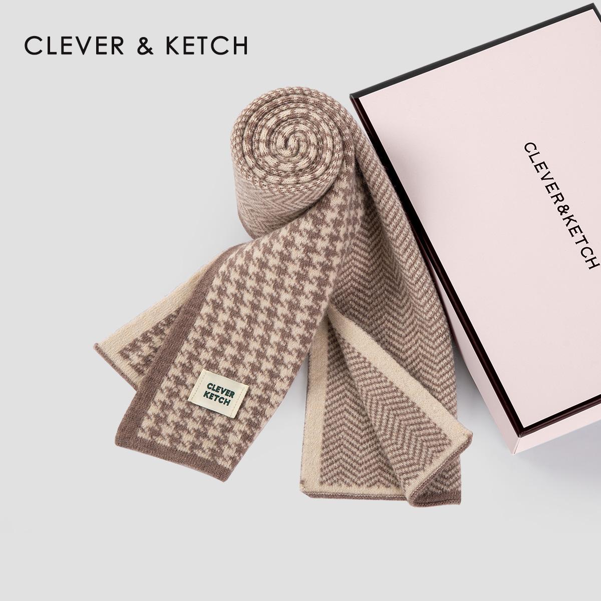 Khăn quàng cổ Clever&Ketch cho bạn gái mùa đông 2022 mới khăn choàng cổ kẻ sọc houndstooth phong cách Hàn Quốc cảm giác cao cấp