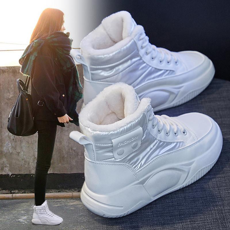 Phong Cách Châu Âu Hot Giày Sneaker Nữ Ống Cao Mùa Đông 2022 Mới Nhung Ấm Áp Giày Buộc Dây Phù Hợp Với Đế Dày Giày Trắng