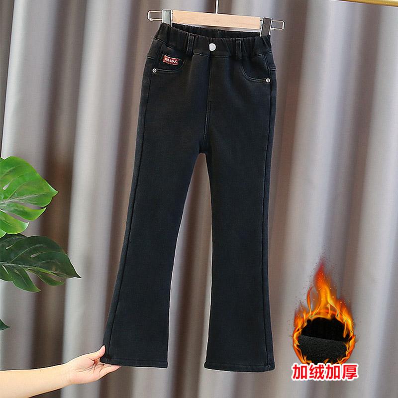 Quần nỉ bé gái quần ống loe denim thu đông 2022 quần ống loe siêu nhỏ phong cách nước ngoài cho trẻ em trung và lớn mới