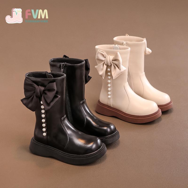 FVM Girls Middle Leather Boot 2022 Mới mùa thu và mùa đông Boots cộng với giày cao cấp trẻ em nhung