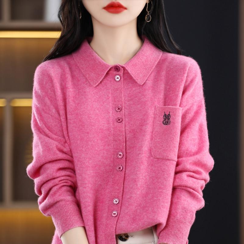 100% Nguyên Chất Áo Len Len Nữ Dệt Kim Áo Khoác Cardigan Cổ Áo Thêu Đáy Áo Thu Đông Áo Len Cashmere Cổ Ve Áo