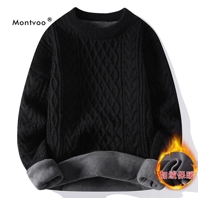 Plel of Fluffy Twisting Black Sweater nam Mùa đông dày cashmere áo vào mùa thu và mùa đông ấm áp áo len len dệt len