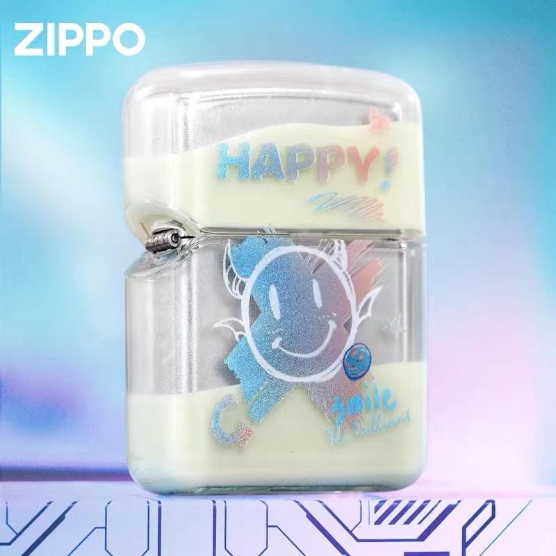 Bật lửa zippo chính hãng, mặt cười cát lún phát sáng, vỏ acrylic sáng tạo may mắn, quà tặng dầu hỏa chống gió