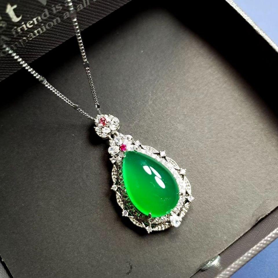 Đấu Giá Đá Tự Nhiên Cao S925 Dát Bạc Chrysoprase Mặt Dây Chuyền Giọt Nước Mã Não Xanh Mặt Dây Chuyền Ngọc Trang Sức Nữ