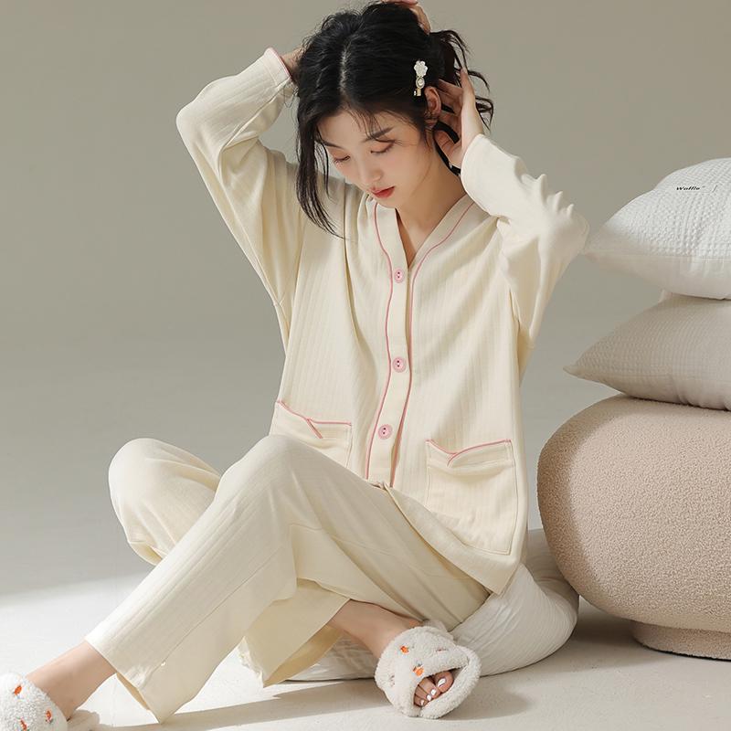 Bộ đồ ngủ thoải mái cho nữ mùa xuân và mùa thu phiên bản Hàn Quốc của quần dài tay cotton nguyên chất dễ thương, bộ đồ hai mảnh mỏng thời trang giản dị