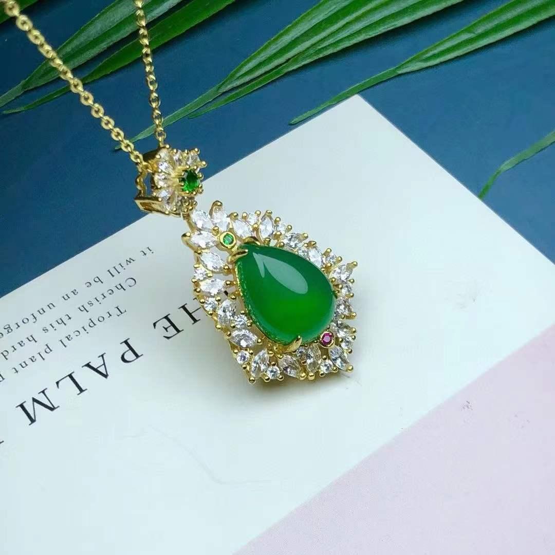 Đấu Giá S925 Dát Bạc Cao Ice Chrysoprase Giọt Nước Mặt Dây Chuyền Thời Trang Nữ Nhỏ Mã Não Xanh Đủ Màu Mặt Dây Chuyền