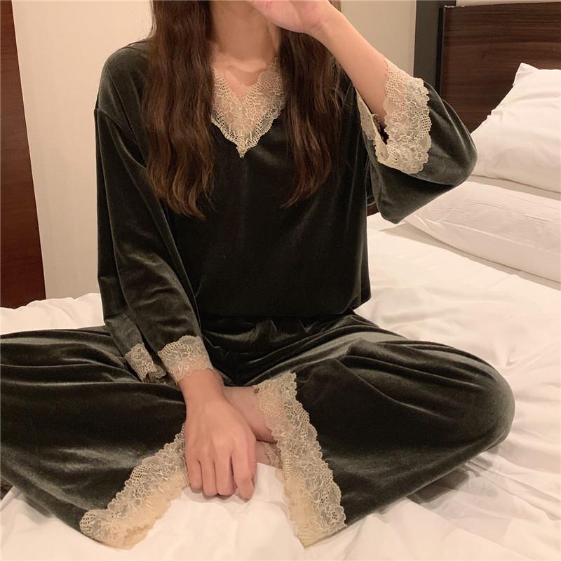 Fat Mm Sweet Lace Pyjamas Set Nữ 2022 MỚI Kích thước lớn 300 Catties Long Sleeve Loose Home Service hai mảnh