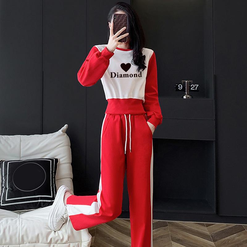 2023 Spring and Autumn Sports Set Red Cotton T tuổi muối Salt Bán hàng Mạng thông thường Mạng lưới Đỏ rộng -Leg Quần hai -Piece Two -Chuẩn