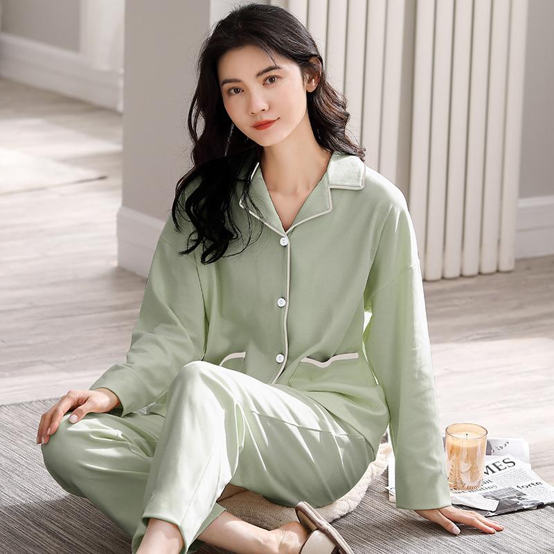 Bộ đồ ngủ cotton dài tay thu đông kiểu Hàn Quốc cỡ lớn có thể mặc ra ngoài ở nhà quần áo thường ngày bộ đồ hai mảnh kiểu lưới màu đỏ nóng bỏng