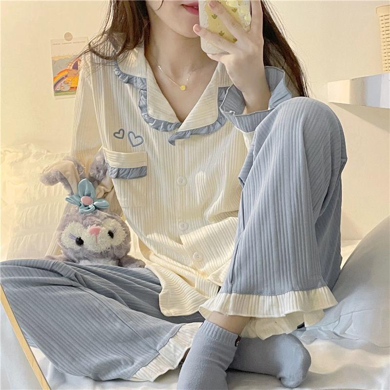 Kích thước lớn 300 catties mùa xuân và mùa thu phần mỏng nối bộ đồ ngủ dài tay phù hợp với chất béo mm màu sắc dễ thương ngọt ngào dịch vụ tại nhà ins