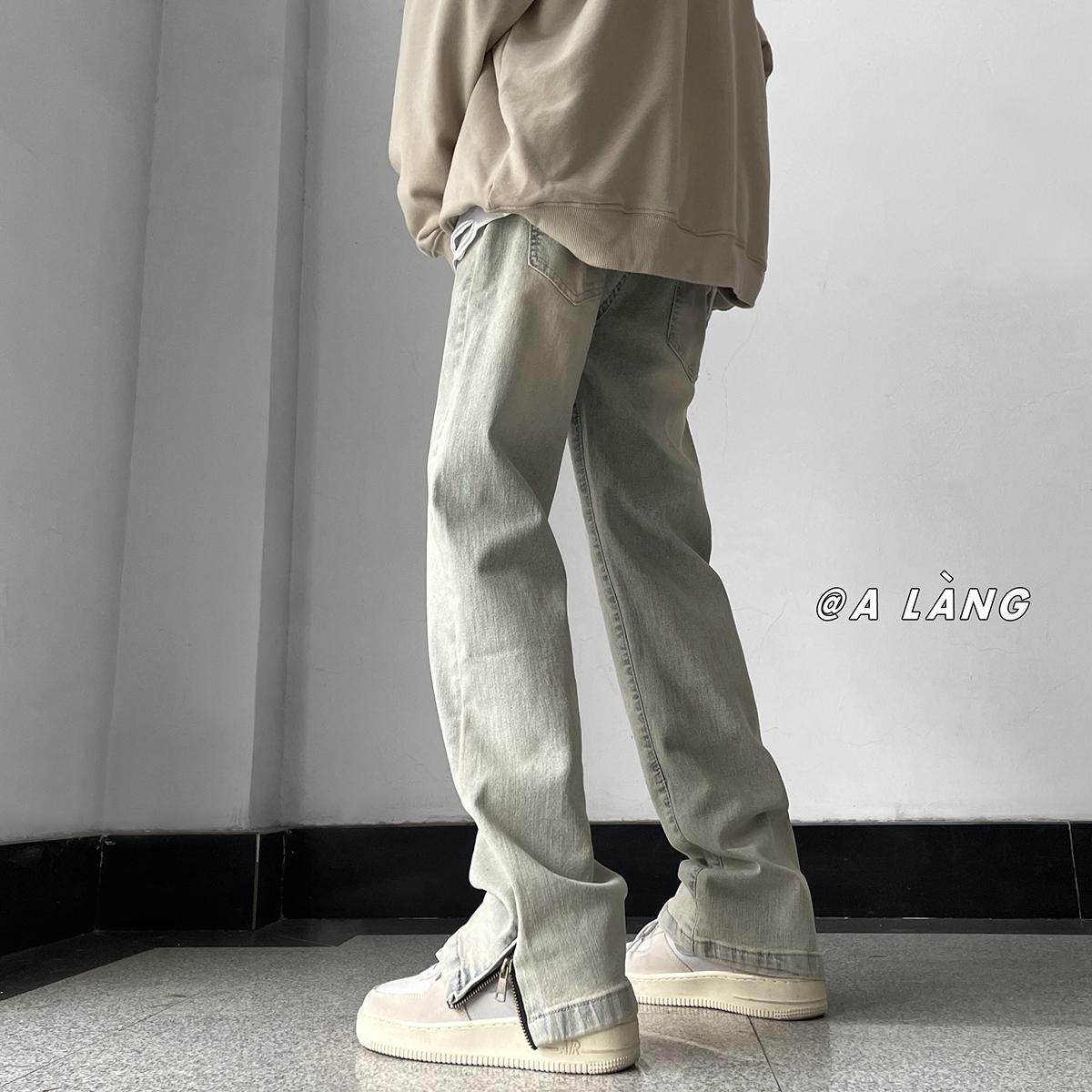 Quần jean bootcut có khóa kéo bên hông nam mùa xuân và mùa thu retro được giặt sạch kiểu côn đồ đẹp trai Quần ống đứng thương hiệu đường phố cao cấp của Mỹ