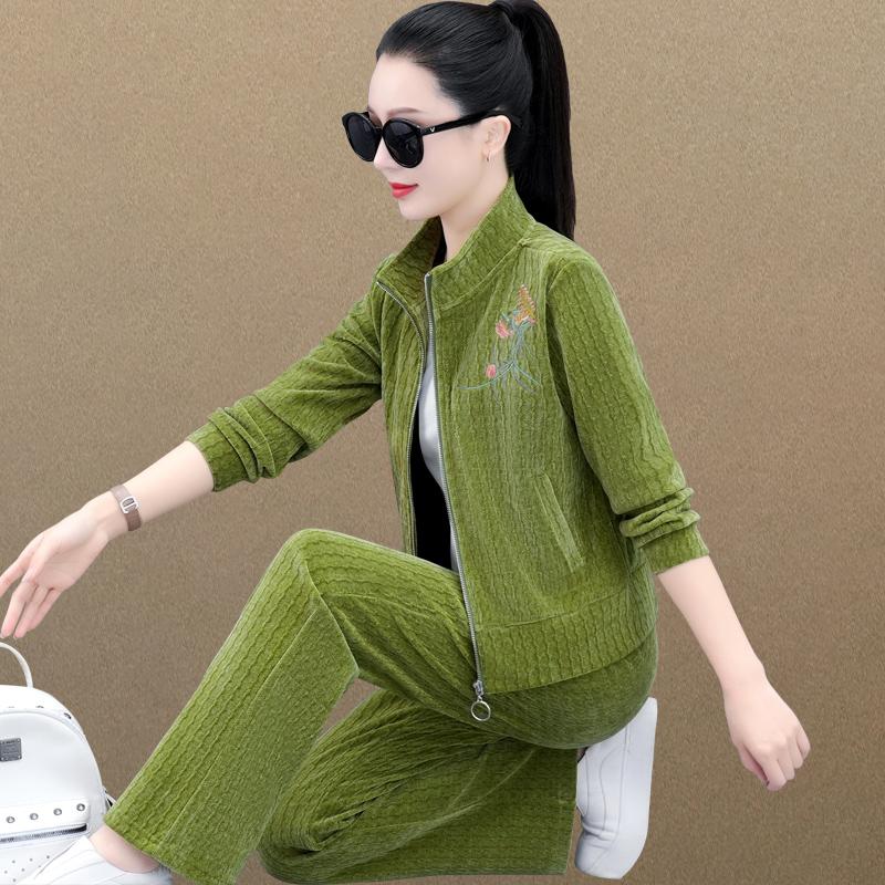 Bộ đồ thể thao nữ phù hợp với mùa xuân và mùa thu 2023 mới quần ống rộng slim cardigan cotton dày T giản dị chạy ba mảnh phù hợp với