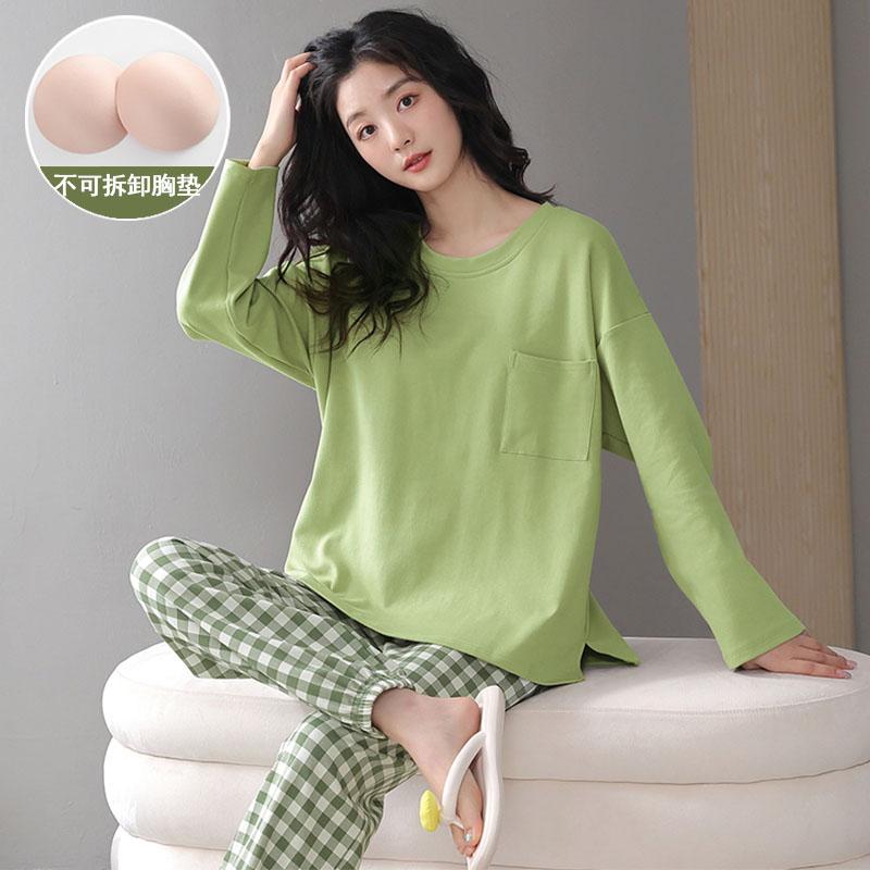 Bộ đồ ngủ nữ mùa xuân, mùa thu và mùa đông cotton nguyên chất dài tay rộng rãi có đệm ngực có thể mặc ra ngoài trong bộ đồ phục vụ tại nhà mùa đông