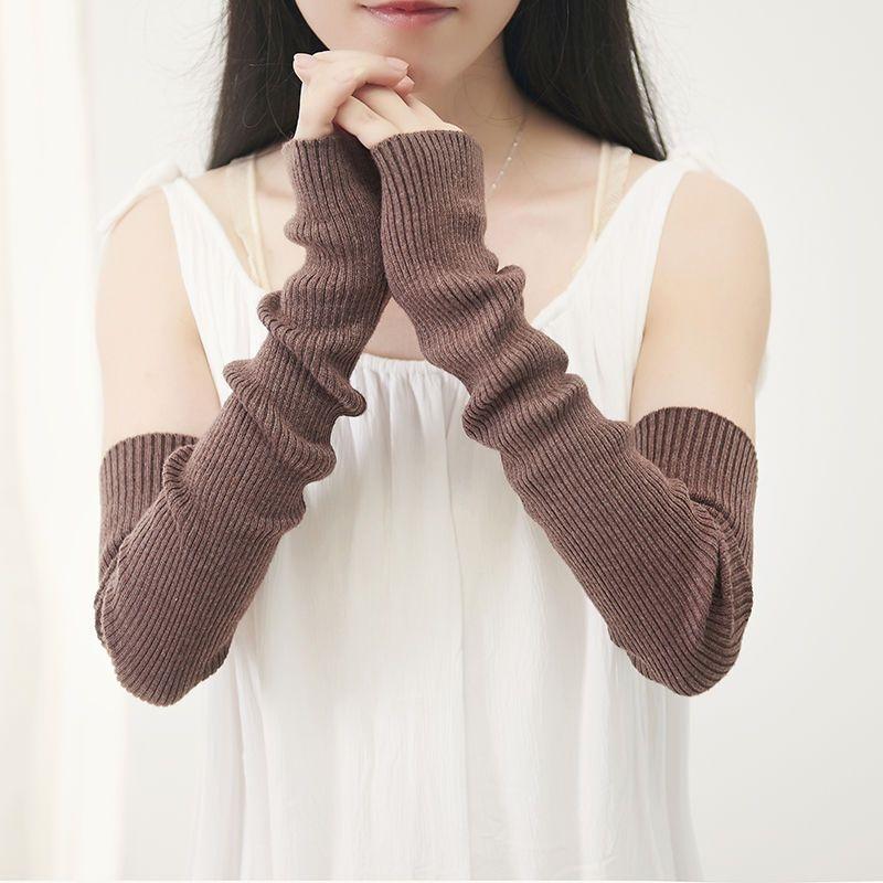 Găng tay dài nửa ngón bằng len cashmere bảo vệ cánh tay mùa thu đông cho nữ để giữ ấm và dày dặn