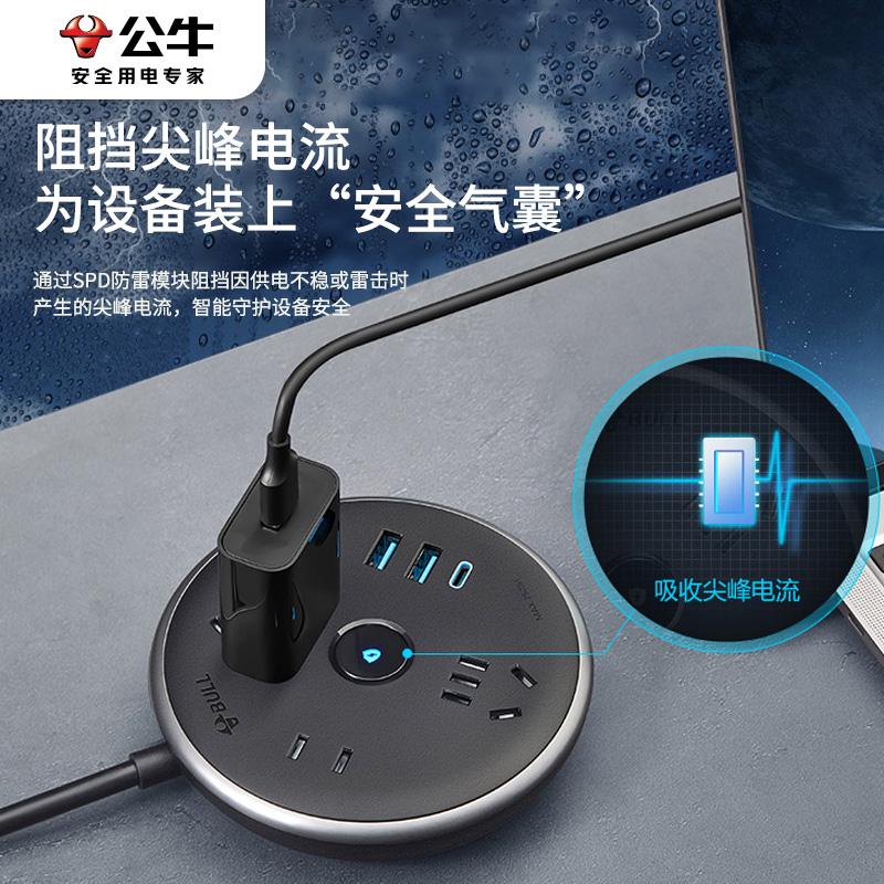 Bull tròn đĩa bay chống sét ổ cắm chống xung điện cổng USB-C cắm sạc nhanh hàng đĩa chức năng xốp dây nối dài