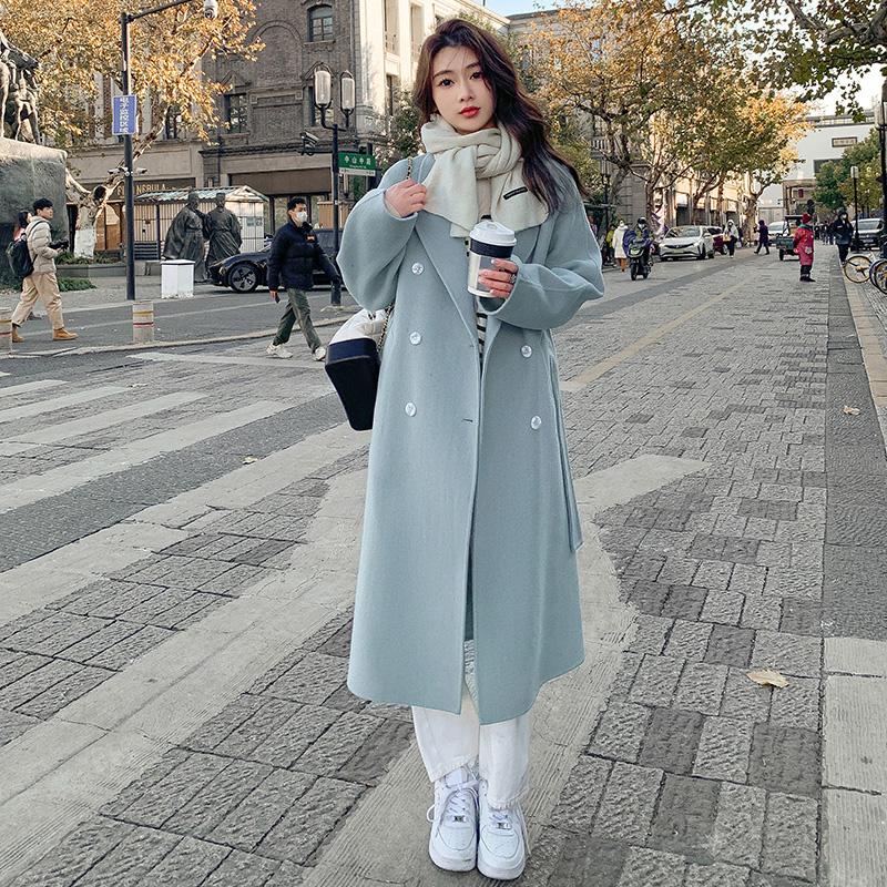 Áo Khoác Cashmere 2 Mặt Màu Xanh Dương Mùa Xuân Và Mùa Thu 2023 Mới Phong Cách Hàn Quốc Rời Dài Trung Bình Buộc Dây Áo Khoác Len Nữ